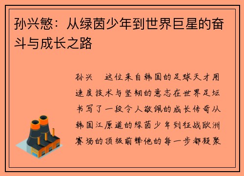 孙兴慜:从绿茵少年到世界巨星的奋斗与成长之路 孙兴慜:从绿茵少年到世界巨星的奋斗与成长之路