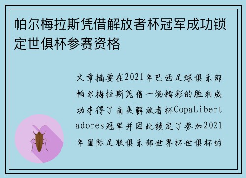 帕尔梅拉斯凭借解放者杯冠军成功锁定世俱杯参赛资格 帕尔梅拉斯凭借解放者杯冠军成功锁定世俱杯参赛资格